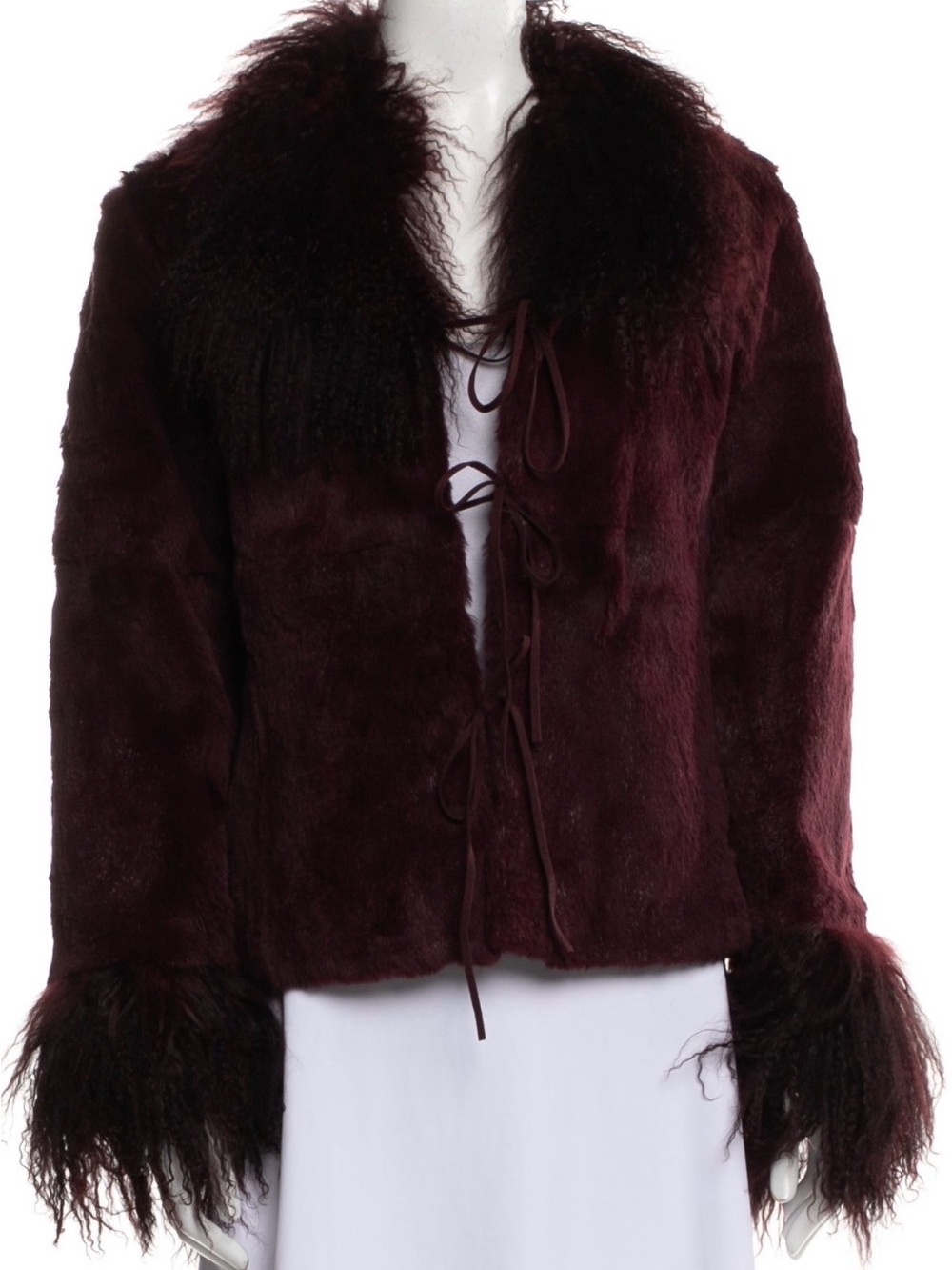 Rabbit Fur Tie-Front Burgundy Jacket